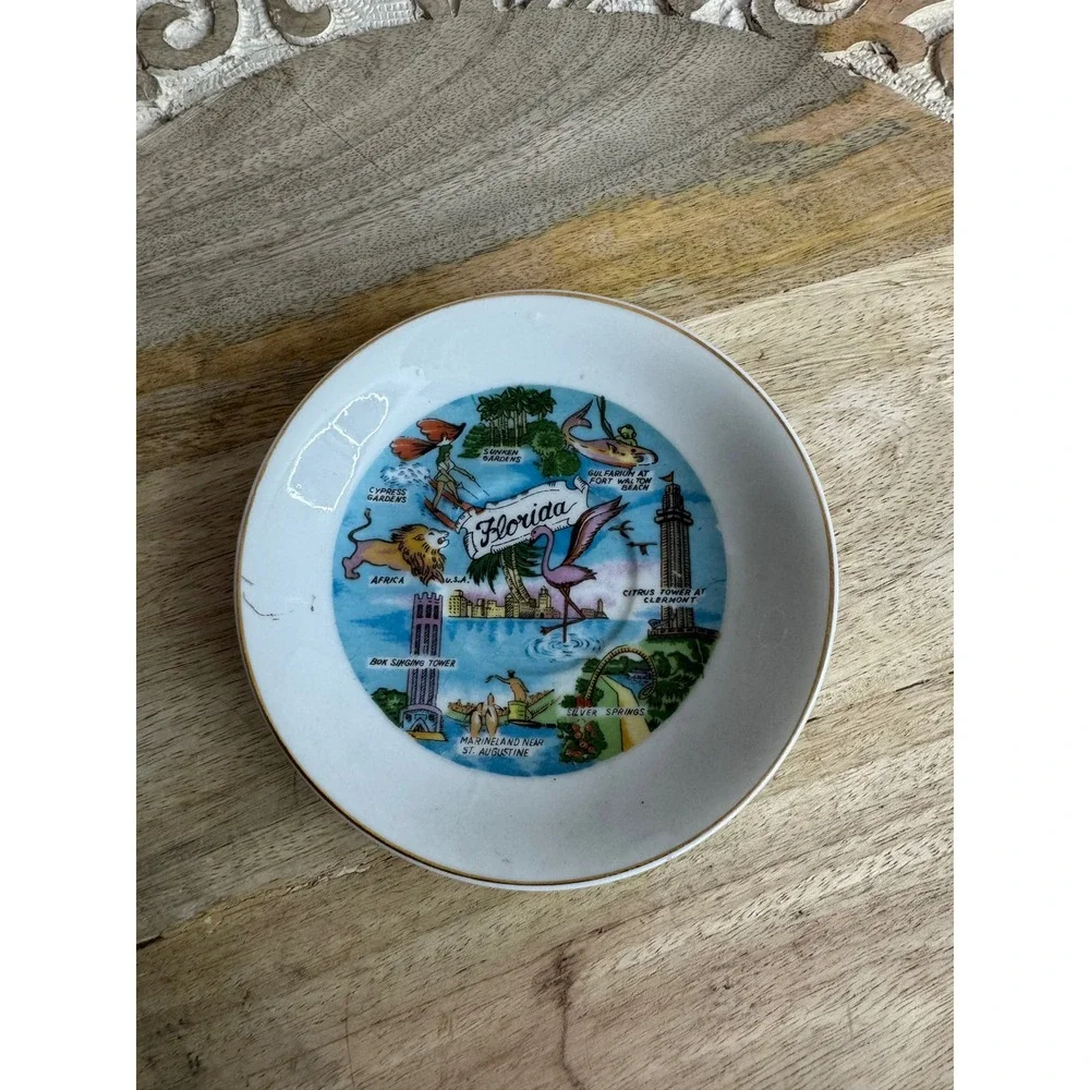 Vintage Florida Souvenir Collector Plate 4 Inch Gold Rim Made in Japan Retro Map